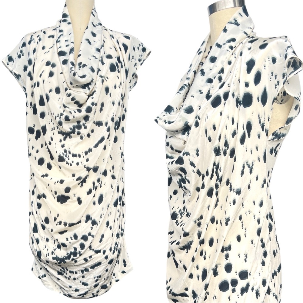✨100% Silk Christian Wijnants Y2K Cowl Neck Cap Slv Dress Sz 38 Medium Leopard